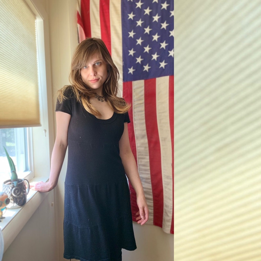 Cotton Blend Black Fitted Scoop Neck Midi Dress